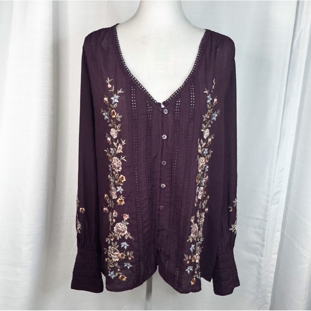 Sundance Blouse Women XL Plum Embroidered Floral Boho Peasant Button Front